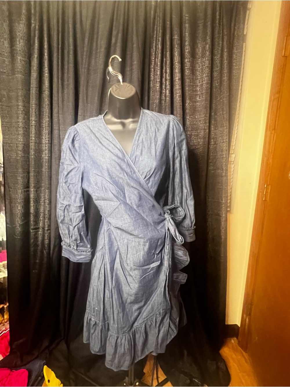 Blue Wrap-Style Women's Dress with Ruffle Hem